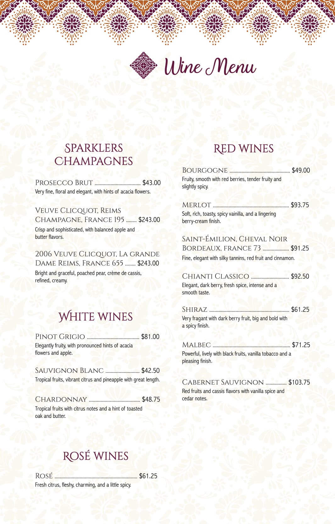 Wine Menu